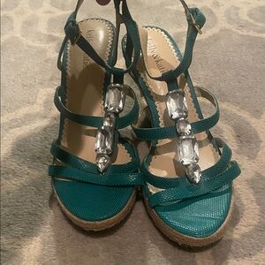 Kelly & Katie Teal Jeweled Espadrille Wedges